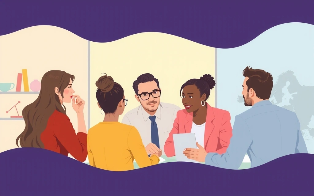 Illustrazione di un gruppo di persone che discutono idee con una mappa dell'Adriatico sullo sfondo