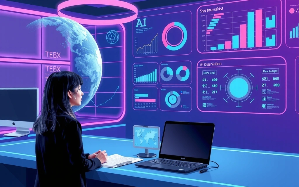 Immagine futuristica di un giornalista che lavora con tecnologie avanzate, olografici e AI