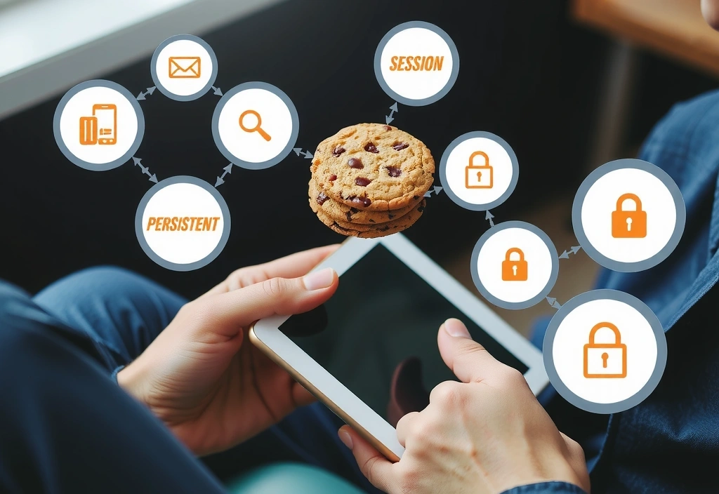 Una persona che naviga su un tablet, circondata da icone che rappresentano diversi tipi di cookie e dati.