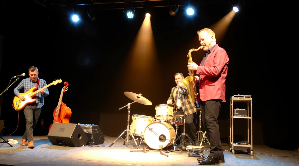 Un gruppo di musicisti jazz che si esibiscono su un palco illuminato