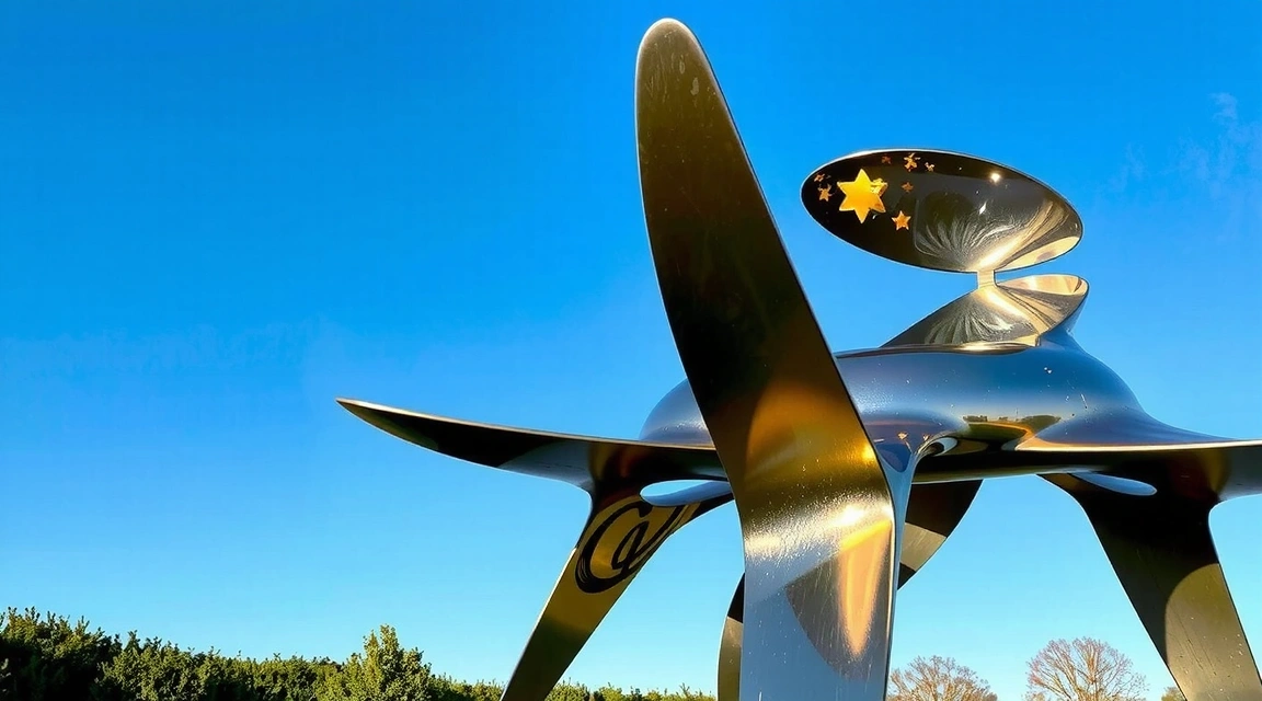 Una scultura moderna che riflette il cielo blu