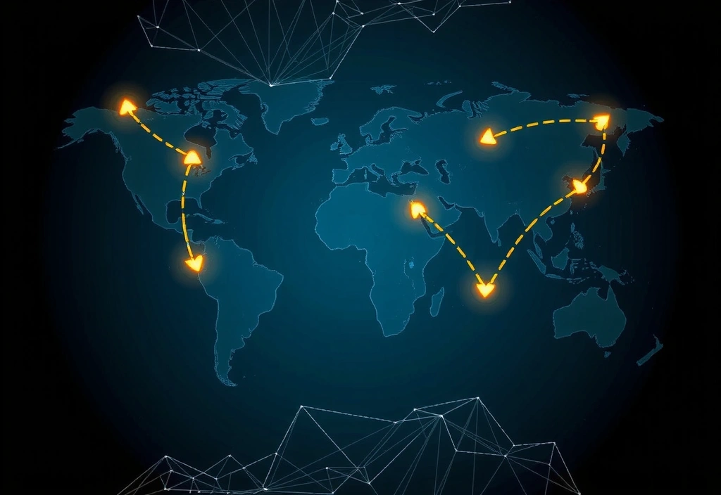 Mappa del mondo stilizzata con frecce che indicano flussi commerciali internazionali