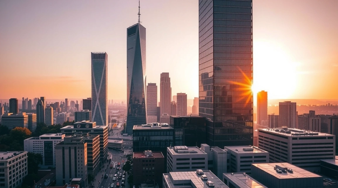 Immagine di una vista aerea di una città moderna al tramonto