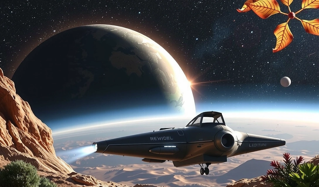 Miniatura di un'astronave che esplora un pianeta alieno