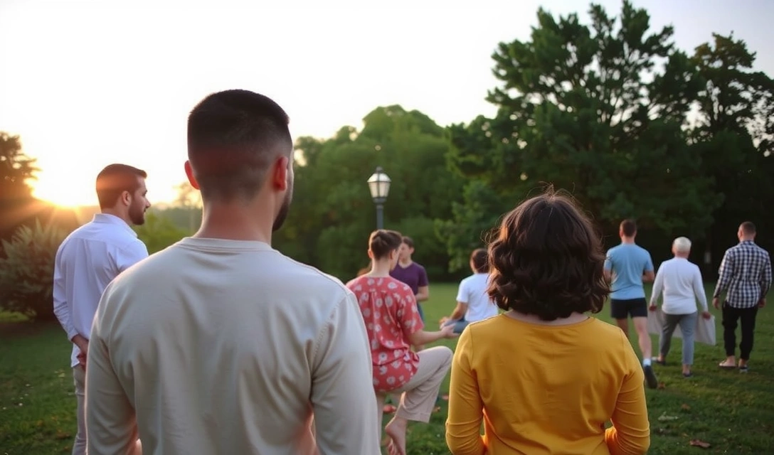Miniatura di un gruppo di persone che meditano all'aperto