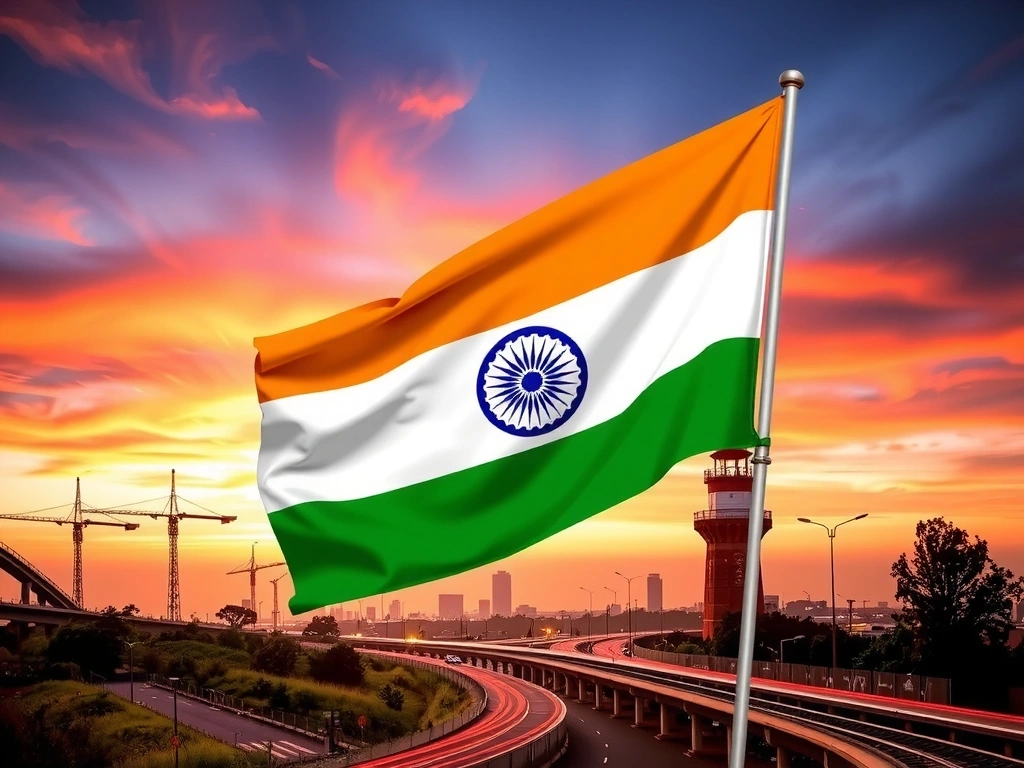 Bandiera indiana stilizzata con sfondo di infrastrutture moderne
