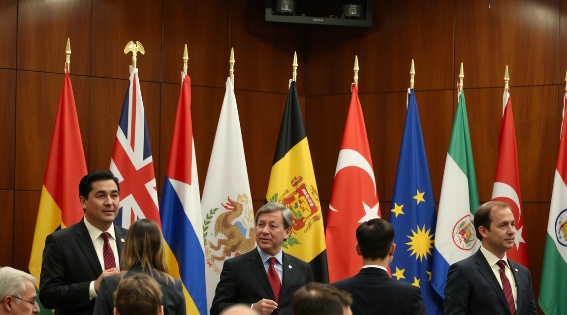 Foto di un evento internazionale con bandiere e diplomatici