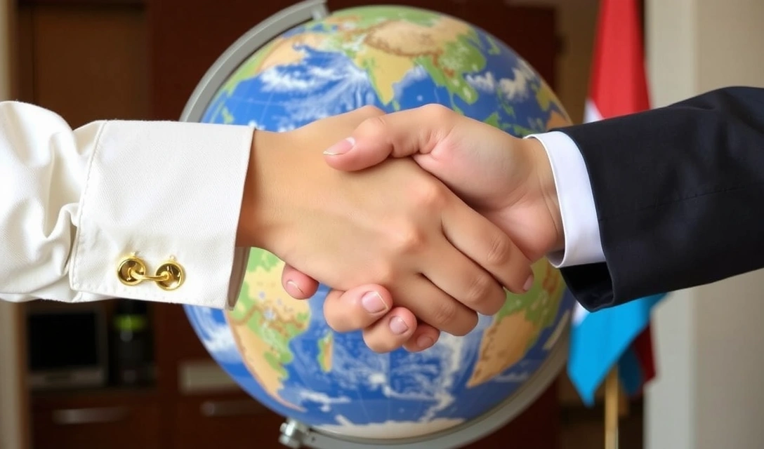 Immagine simbolica di due mani che si stringono davanti a un globo terrestre, rappresentando la diplomazia e la pace