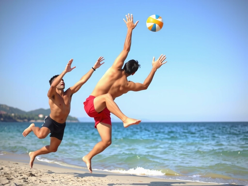 Partita di beach volley sulla spiaggia con il mare sullo sfondo