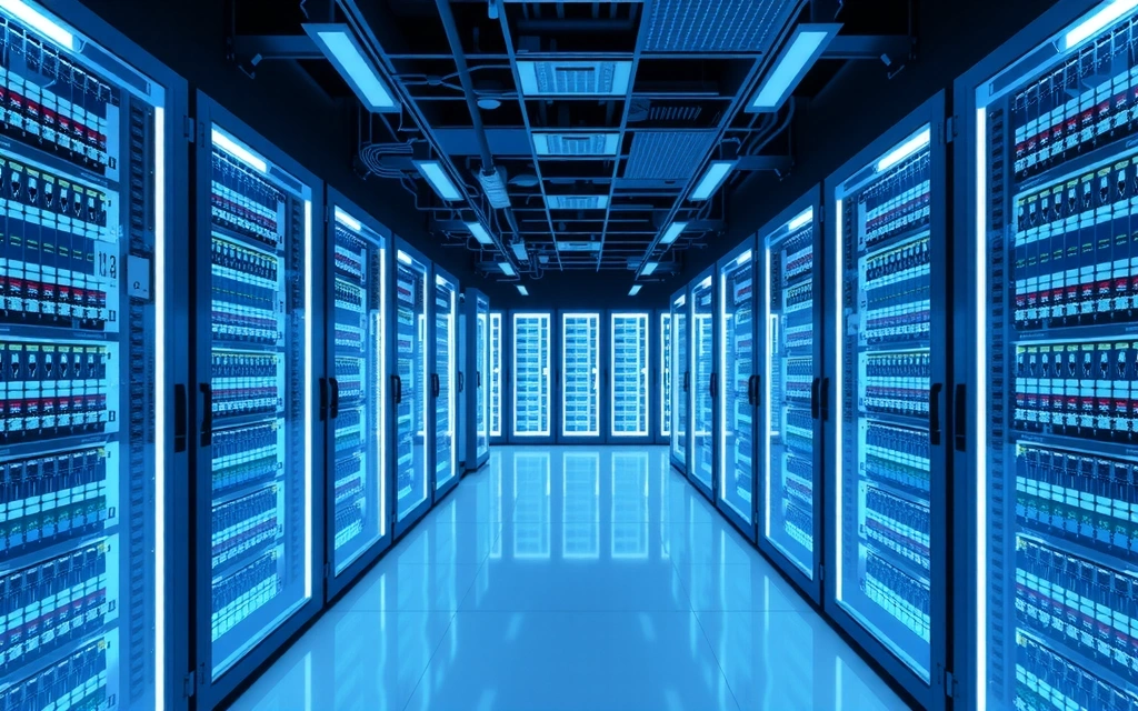 Data center moderno con file di server illuminati in blu