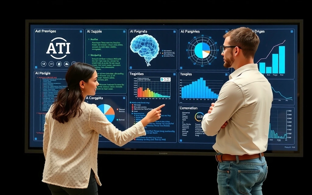 Due persone che collaborano davanti a un grande schermo touch con elementi di intelligenza artificiale