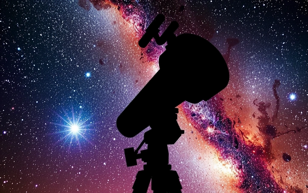 Telescopio astronomico che punta verso un cielo stellato con galassie